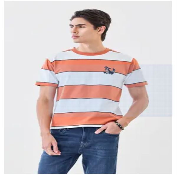 Men Striped Crew Neck Cotton Blend Orange T-Shirt